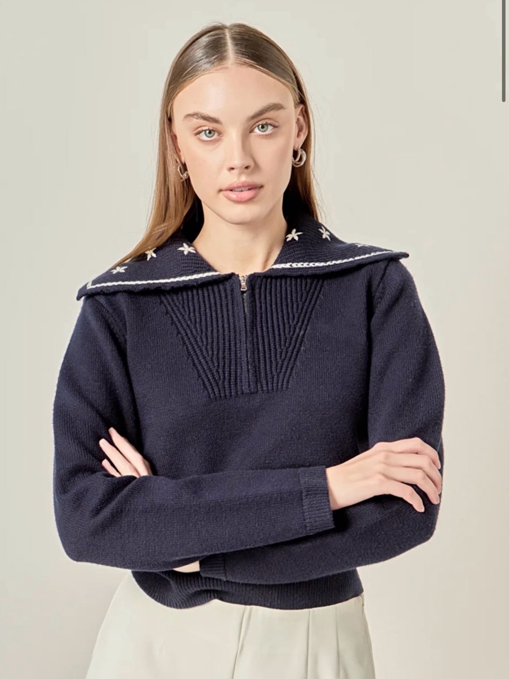 NWT$120 English Factory floral embroidery zip up knit sweater, Navy, M, Medium